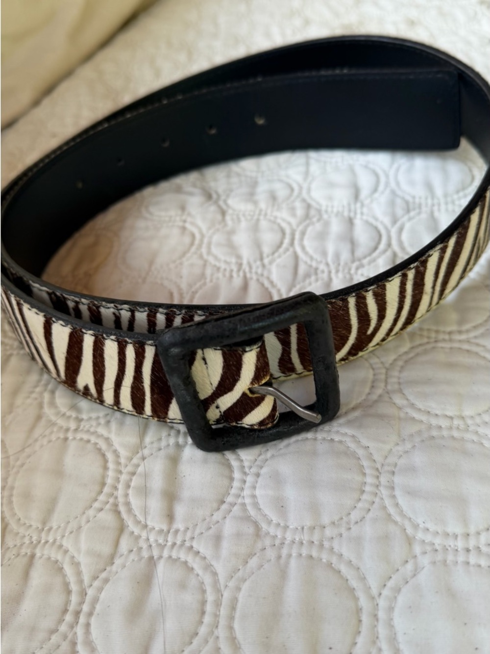Talbots calf-hair belt with zebra print pattern.